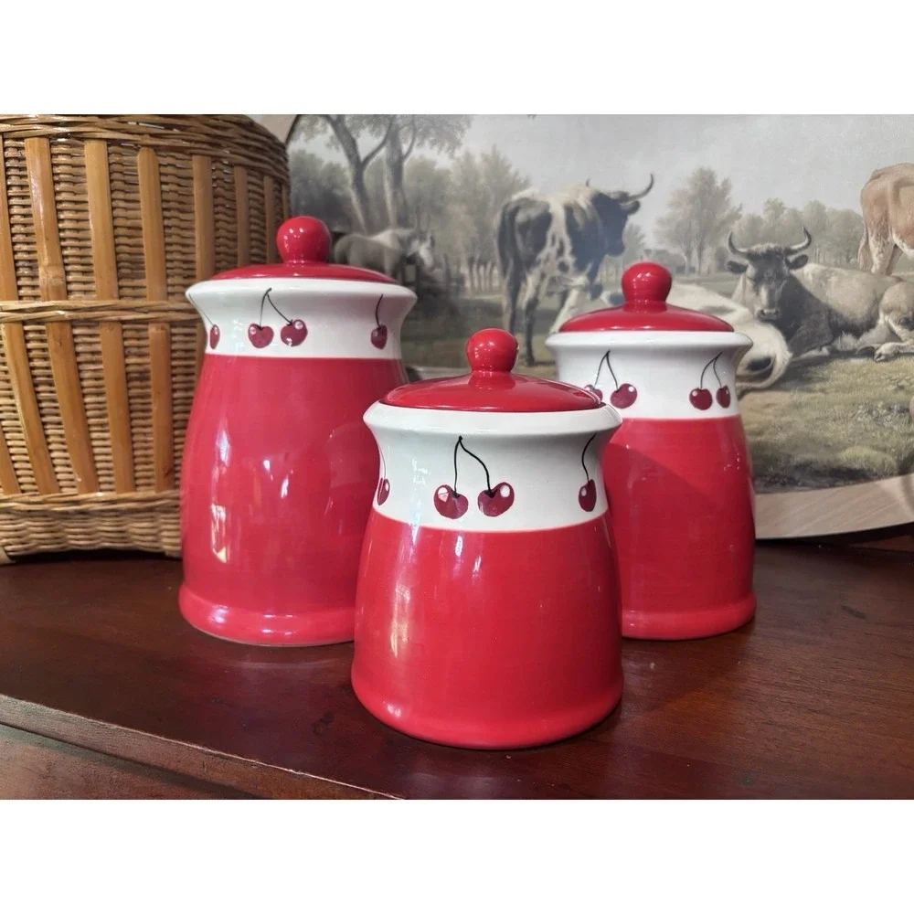 Vintage Terramoto Two Ceramic Kitchen Canisters Cherries Red White Cottagecore